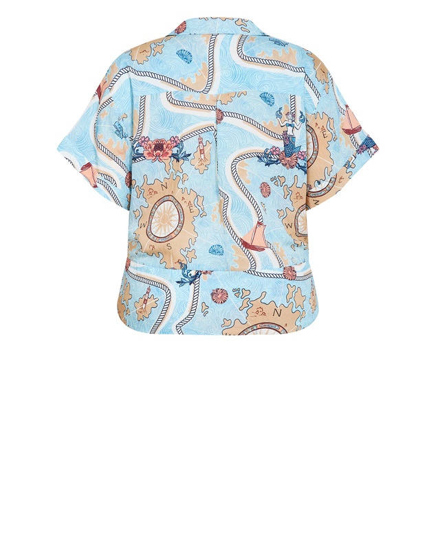 City Chic - Plus size Postcard Voyage Print Shirt - sky blue