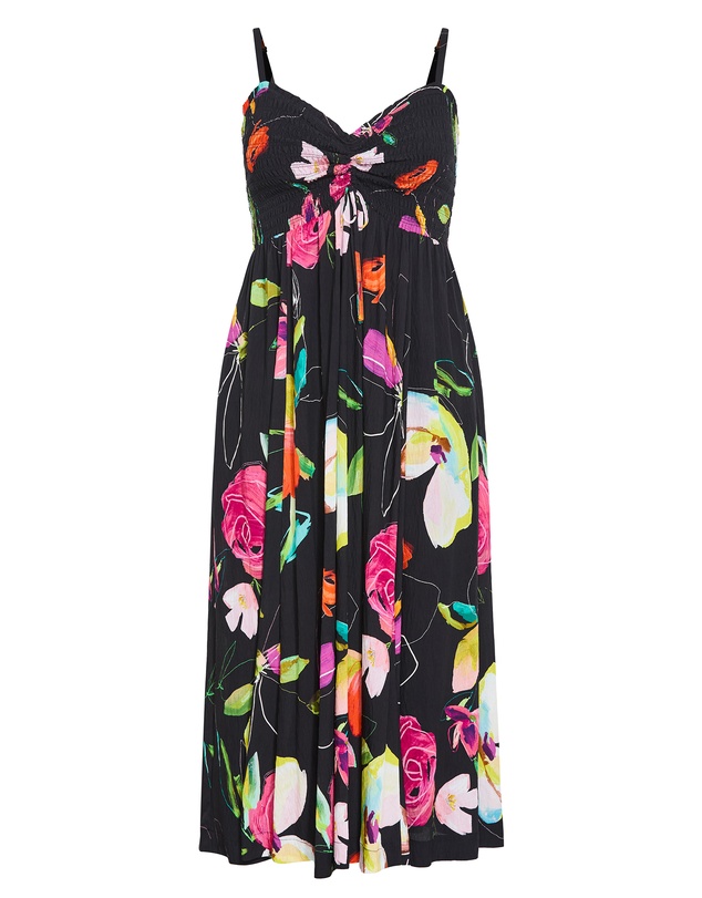 City Chic - Plus size Malina Sketch Print Shirred Maxi Dress - black