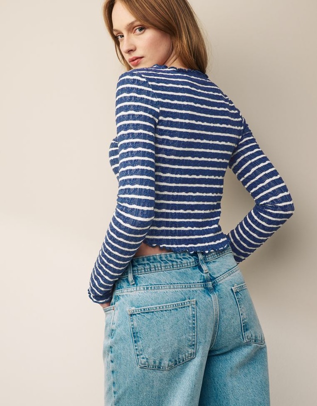NEXT - Notch Front Longsleeve Textured Stripe Top
