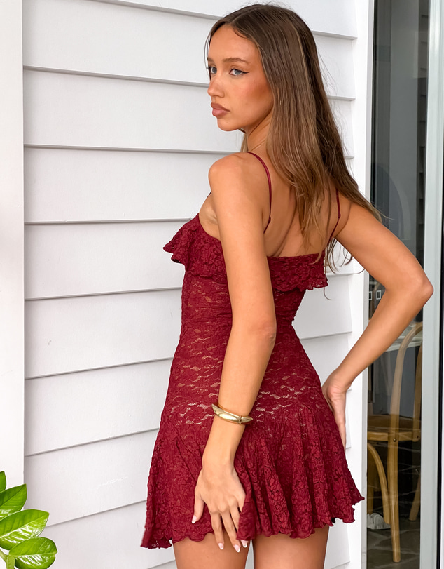 Beginning Boutique - Celeste Wine Lace Party Mini Dress