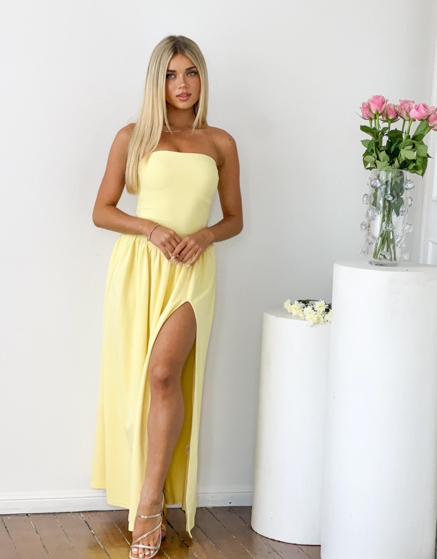 Beginning Boutique - Nate Yellow Strapless Formal Maxi Dress