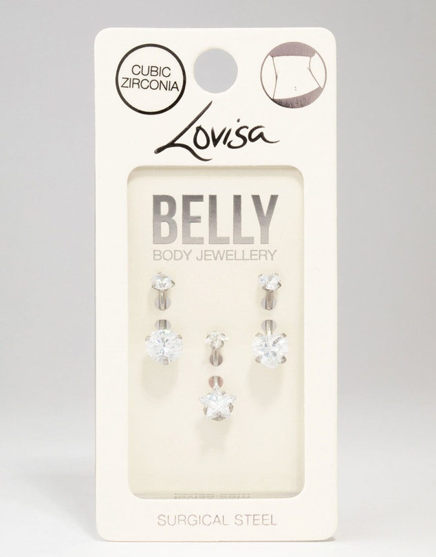 Lovisa - Surgical Steel Star & Heart Crystal Belly Piercing 3-Pack