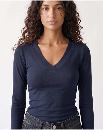 Style Addict - Margaux Deep V Henley Top - Navy