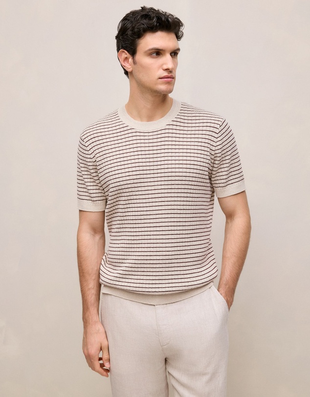 Trenery - Linen Cotton Rib Stripe Knit T-shirt in Flax