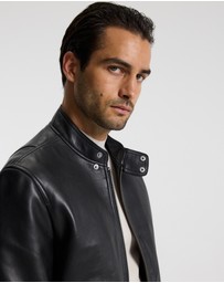 Calibre - Stand Collar Leather Bomber Jacket Black