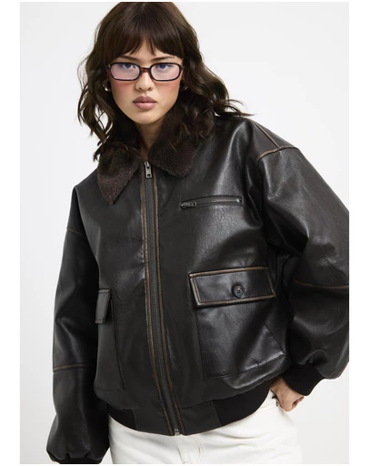 Alice In The Eve - Cody Fur Trim Distressed PU Jacket