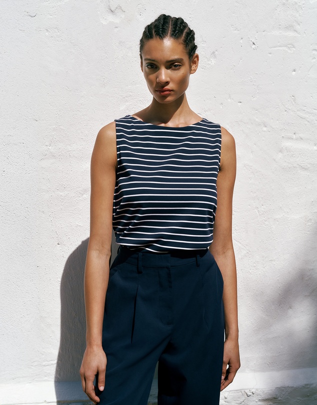 Trenery - Modal Cotton Stripe Boatneck Tank in Night Sky