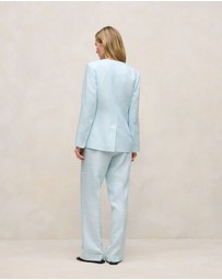 Trenery - Linen Collarless V Neck Blazer in Pastel Blue