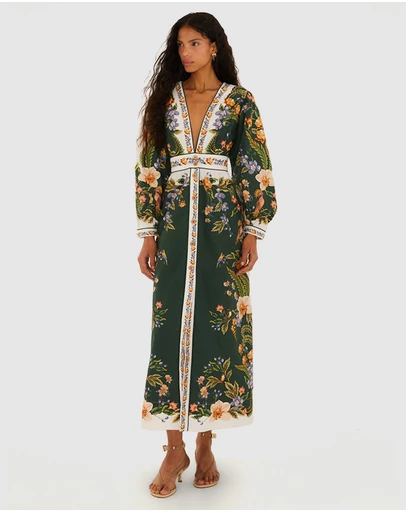 Farm Rio - Green Nature V Neck Buttoned Maxi Dress