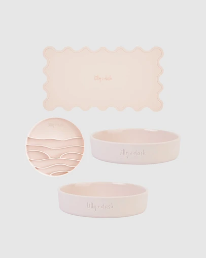 Lilly + Dash - Cat Eat and Drink Set – 2 Bowls + Lick Insert + Wave Placemat