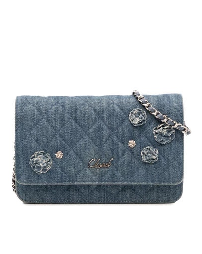 Pre-Loved by Azura Reborn - Pre-Loved Quilted Denim Camellia Wallet On Chain Denim