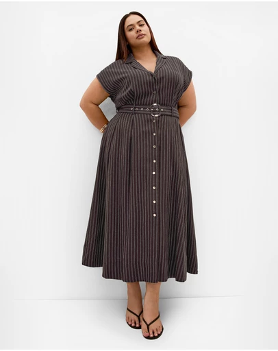 City Chic - Plus size Eva Belted Stripe Dress - chocolate