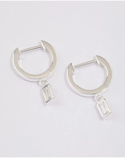 Lovisa - Sterling Silver Cubic Zirconia Baguette Drop Huggie Earrings