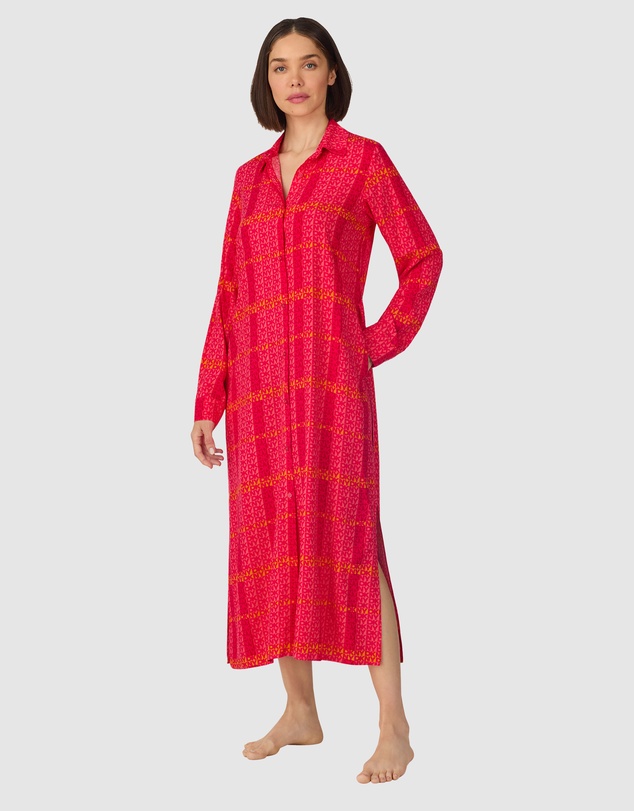 DKNY - Woven Viscose Midi Long-Sleeve Button Up Nightgown