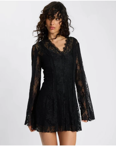 ONE TEASPOON - Vintage Whisper Lace Longsleeve Mini Dress - Black