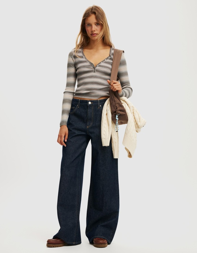 Cotton On - Rib Knit Henley Long Sleeve Top