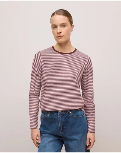 Trenery - Brushed Cotton Stripe Long Sleeve T-shirt in Espresso