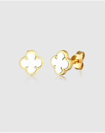 Elli Jewelry - White Enamel Cloverleaf Stud Earrings in Gold-Plated 925 Silver