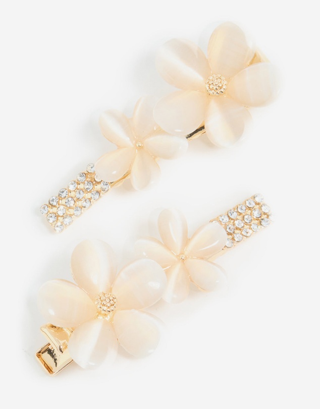 Lovisa - Gold Diamante Pave Double Flower Hair Clips 2-Pack