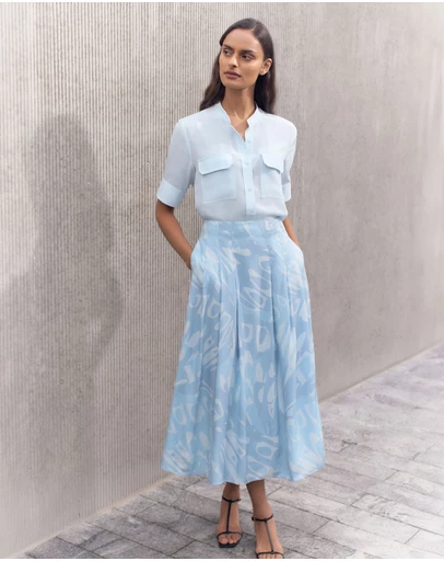 Trenery - Draped Twill Butterfly Print Pleat Detail Skirt in Seafoam
