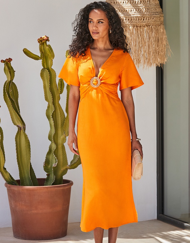 Sosandar - Plunge Linen Midi Dress