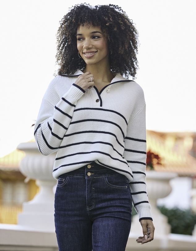 Sosandar - Stripe Gold Button Detail Collared Jumper