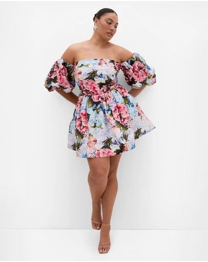 City Chic - Plus size Rosa Garden Print Puff Sleeve Mini Dress - sky blue