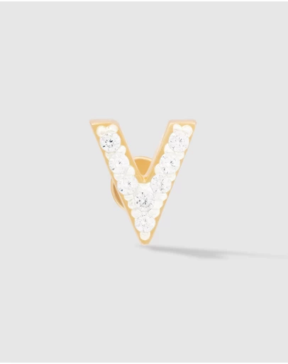Wanderlust + Co - Alphabet Pave Gold Flat Back Earring - Letter V