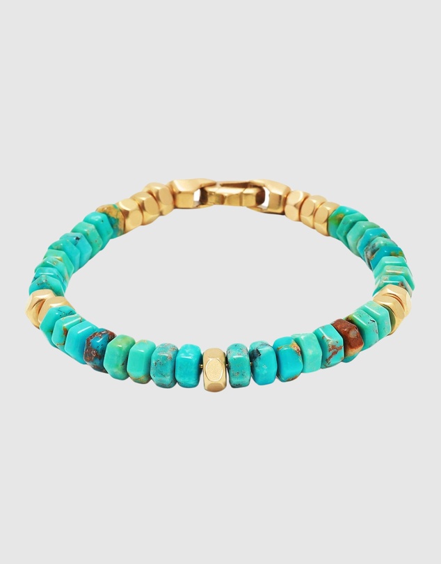 Nialaya Jewellery - Men's Hexagon Beaded Bracelet with Turquoise and Gold