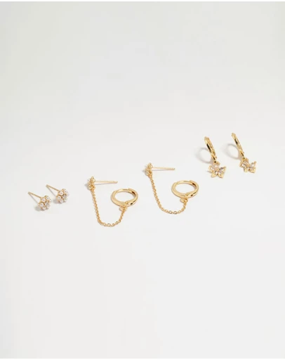 Lovisa - Gold Plated Brass Flower Chain Earrings 4-Pack