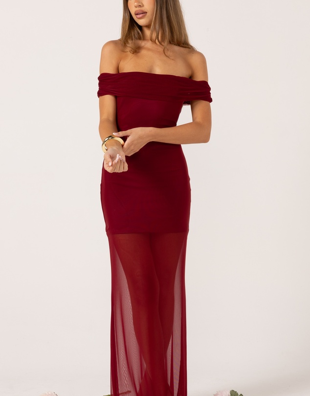Beginning Boutique - Tabitha Wine Off Shoulder Mesh Maxi Dress