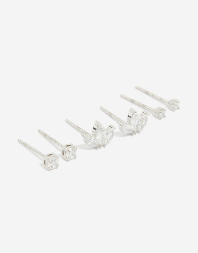 Lovisa - Waterproof Stainless Steel Cubic Zirconia Fine Marquise & Classic Stud Earrings 3-Pack