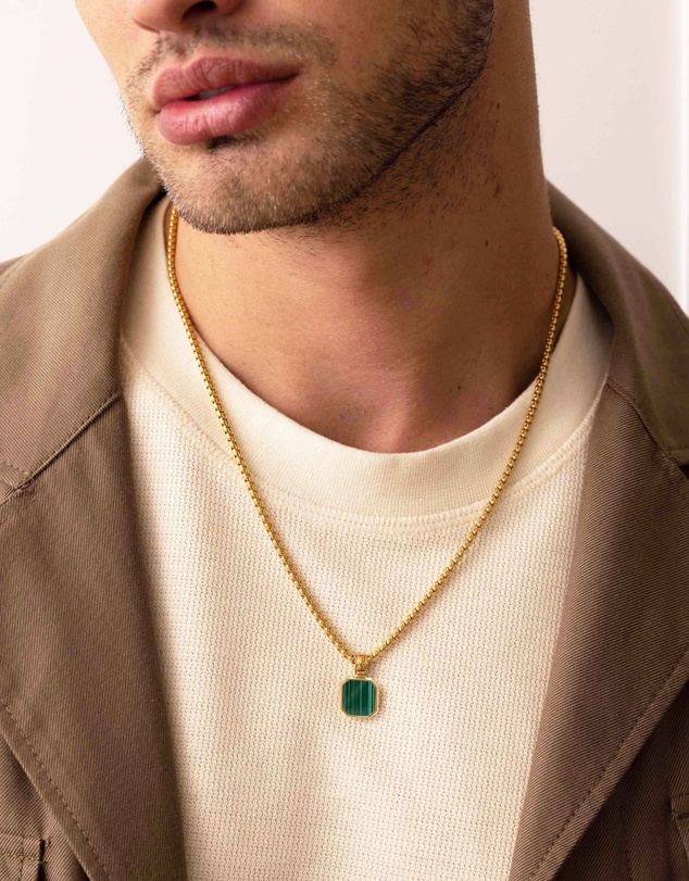 Nialaya Jewellery - Men's Gold Necklace with Square Malachite Pendant