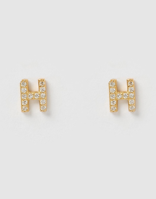 Izoa - Alphabet Mini Letter H Stud Earrings Gold