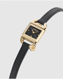 Furla - Mianuvola Square Yellow Gold-Tone Black Leather Strap Watch
