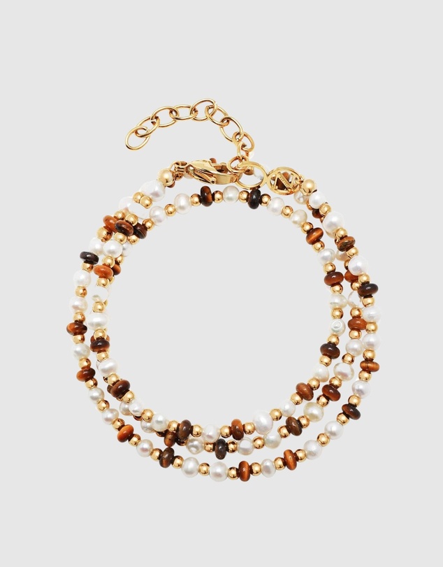 Nialaya Jewellery - Wrap Bracelet with White Pearls, Brown Tiger Eye, and Gold