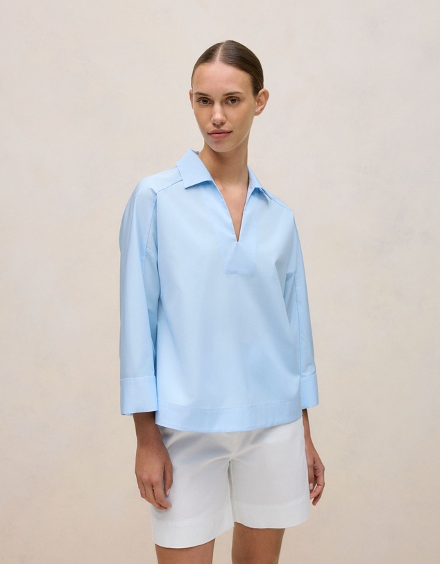 Trenery - Fine Poplin Popover Shirt in Blue Marble