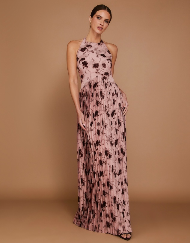 Six Stories - Floral Halter Neck Pleated Ruffle Maxi Dress