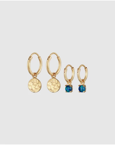 Elli Jewelry - Earrings Creoles Platelet Pendant Set with Opal Blue in 925 Sterling Silver Gold Plated