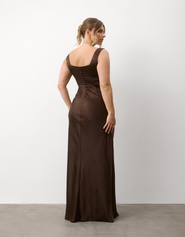 Six Stories - Square neck Satin Bridesmaid Dress with Chiffon Cape