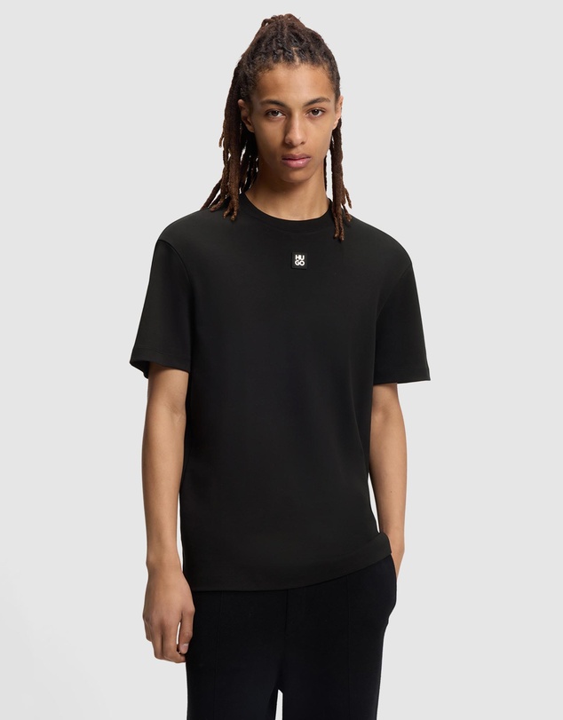 HUGO - Interlock-Cotton T-Shirt With Metallic Stacked-Logo Badge