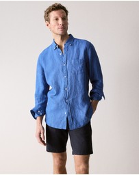 Trenery - Regular Fit Delave Linen Long Sleeve Shirt in Mineral Blue