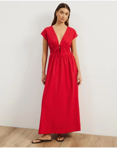 Atmos&Here - Anna Tie Front Linen Blend Maxi Dress