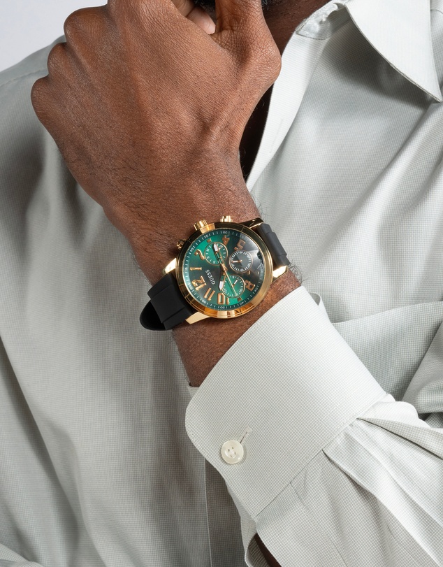 GUESS - Parker Gold 44mm Green Dial Black Silicone Strap