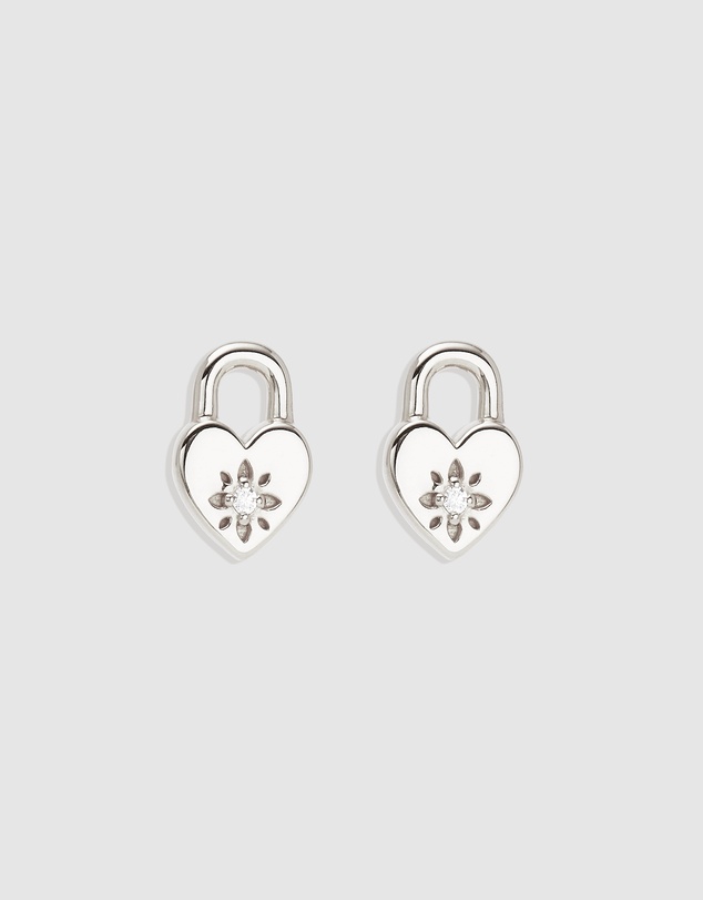 By Charlotte - Crystal Lotus Heart Padlock Stud Earrings