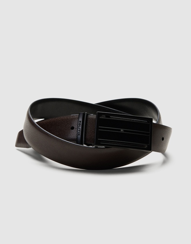 Politix - Pebble Grain Leather Dress Belt With Shield Buckle