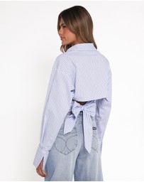 Petal & Pup - Vienne Tie Back Button Up Shirt - Blue/Brown Stripe