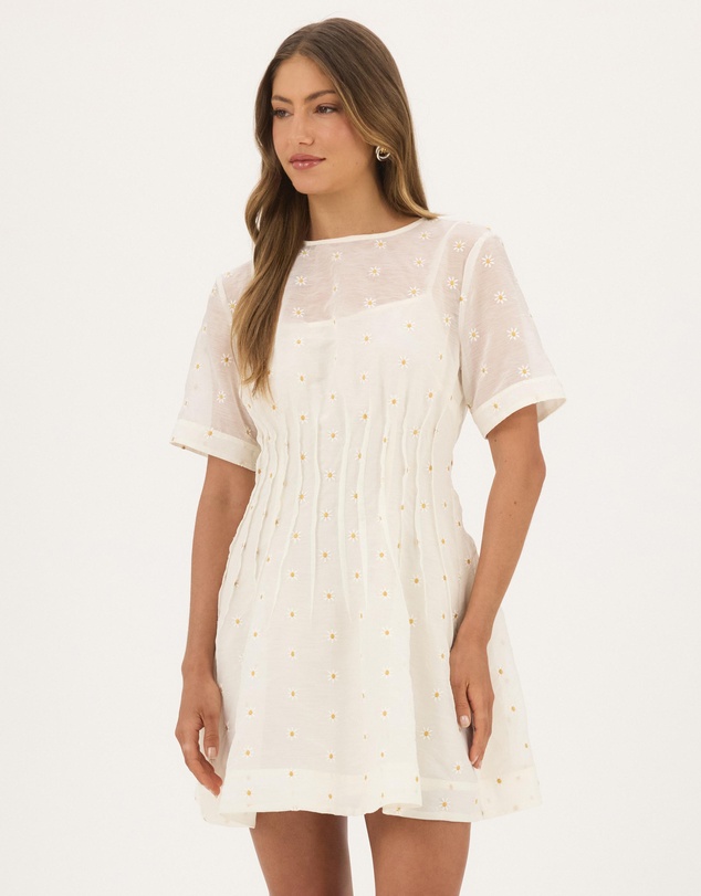 Atmos&Here - Lila Organza Pink Tuck Mini Dress With Puff Sleeves