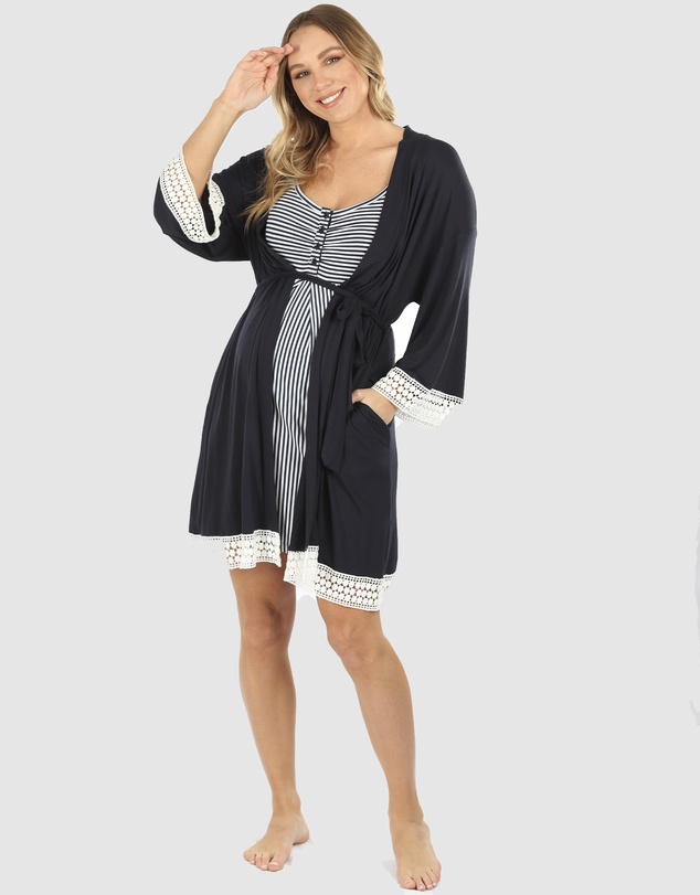 Angel Maternity - 3 Piece Hospital Pack - Nursing Dress + Lace Robe + Baby Wrap Set