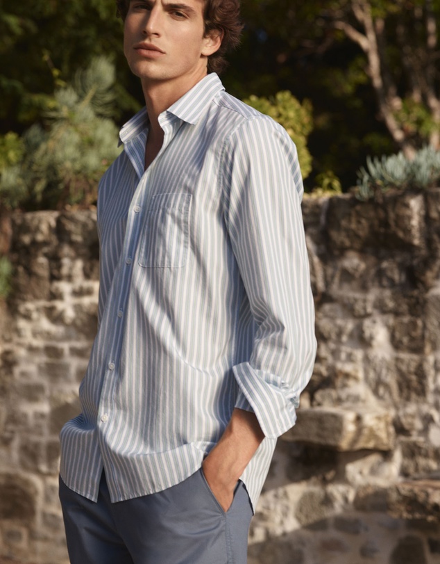 Trenery - Cotton Poplin Multi Stripe Shirt in Chalk Blue